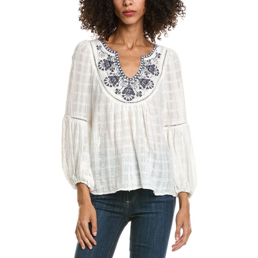 Max Studio Womens Scoop Neck Cross Stitch Blouse, White
